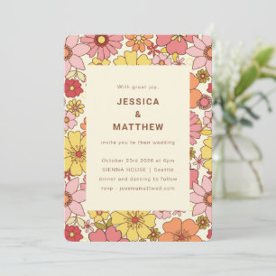 Retro Boho Rosa Gult Blommig Groovy Bröllop Inbjudningar