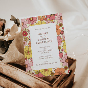 Retro Boho Rosa Gult Blommigt 90:e Födelsedagsfest Inbjudningar