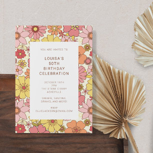 Retro Boho Rosa Gult Blommigt Cute Birthday Party Inbjudningar