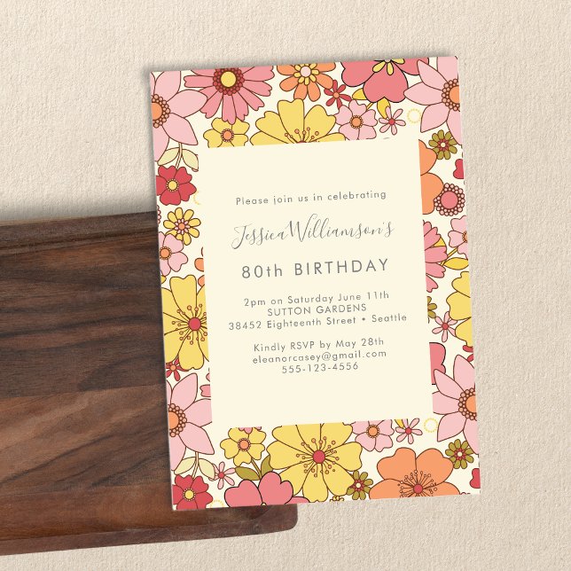 Retro Boho Rosa Gult Blommigt Groovy 80:e födelsed Inbjudningar (Skapare uppladdad)