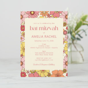 Retro Boho Rosa Gult Blommigt Groovy Bat mitzvah Inbjudningar