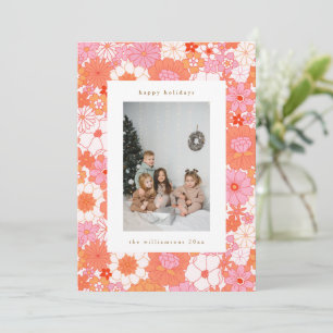 Retro Boho Rosa Orange Blommig Söt Foto Julkort