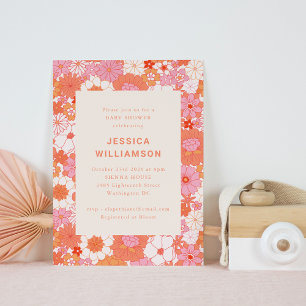 Retro Boho Rosa Orange Blommigt Cute Baby Shower Inbjudningar