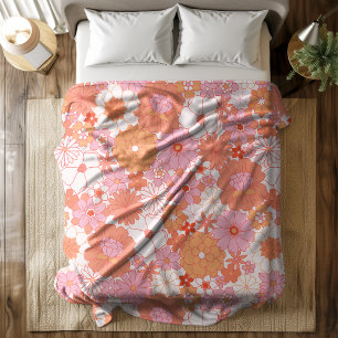 Retro Boho Rosa Orange Blommigt Cute Flowers Fleecefilt