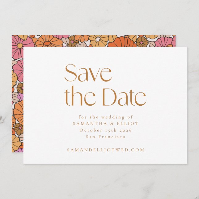 Retro Boho Rosa Orange Blommigt Minimalist Bröllop Spara Datumet (Fram/baksida)