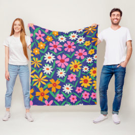 Retro Boho Rosa orange Blommönster på marinblå Fleecefilt