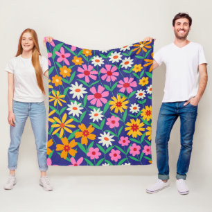 Retro Boho Rosa orange Blommönster på marinblå Fleecefilt