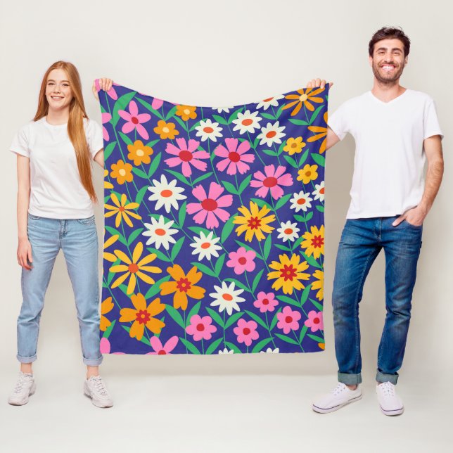 Retro Boho Rosa orange Blommönster på marinblå Fleecefilt (På plats)