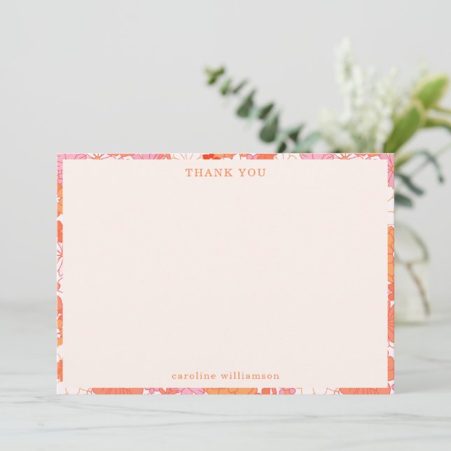 Retro Boho Rosa Orange Flowers Personlig Namn Tack Kort (Stående Fram)