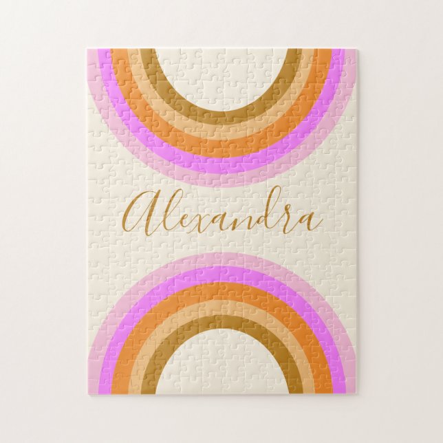 Retro Boho Rosa Rainbow Personlig Namn Pussel (Vertikal)