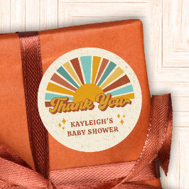 Retro Boho Sol Baby Shower Tack Namn Runt Klistermärke
