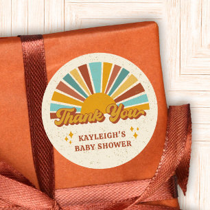Retro Boho Sol Baby Shower Tack Namn Runt Klistermärke
