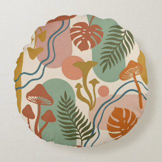 Retro Boho Svamp & Botaniska Jordtoner Rund Kudde