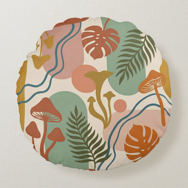 Retro Boho Svamp & Botaniska Jordtoner Rund Kudde (Framsidan)