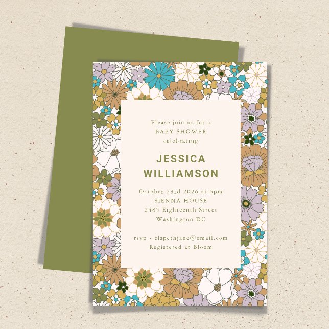 Retro Boho Teal Brown Blommigt Cute Baby Shower Inbjudningar (Skapare uppladdad)