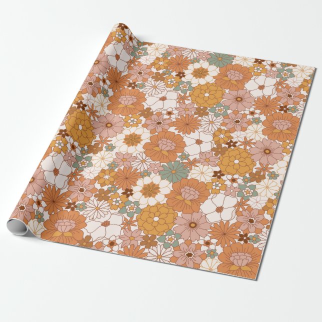 Retro Boho Terracotta Blommigt Flowers Bohemian Presentpapper (Utrullad)
