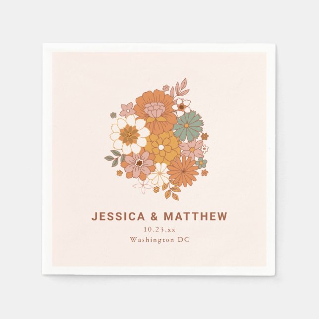 Retro Boho Terracotta Floral Custom Name Wedding  Pappersservett (Framsidan)