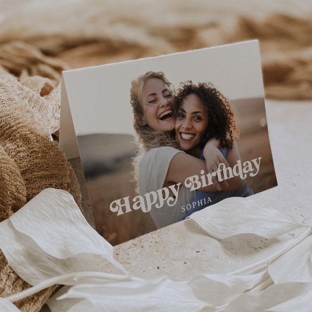Retro Boho-text och foto | GRATTIS PÅ FÖDELSEDAGEN Kort (A stylish, boho and retro look birthday card with photo)
