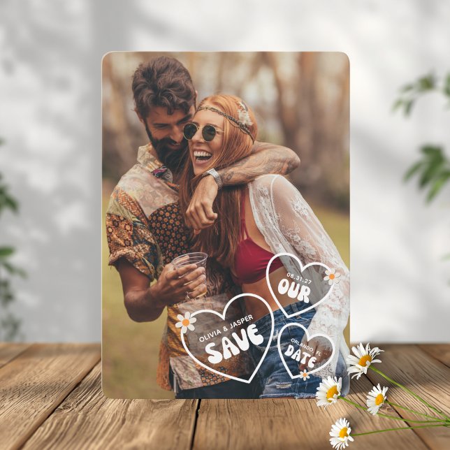 Retro Boho Tusenskönor Foto Spara Datum-kort Inbjudningar (Funky Retro Wedding Save The Date Card)