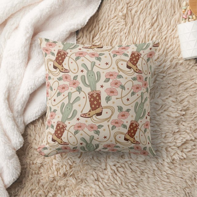 Retro Boho Western Öken Kaktus & Blommig Mönster Kudde (Filt)