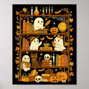 Retro bokhylla svart katt Halloween spöke läsning Poster