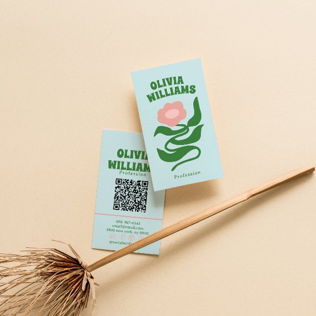 Retro Bold Boho QR Code Groovy Floral Trendy Visitkort (Skapare uppladdad)