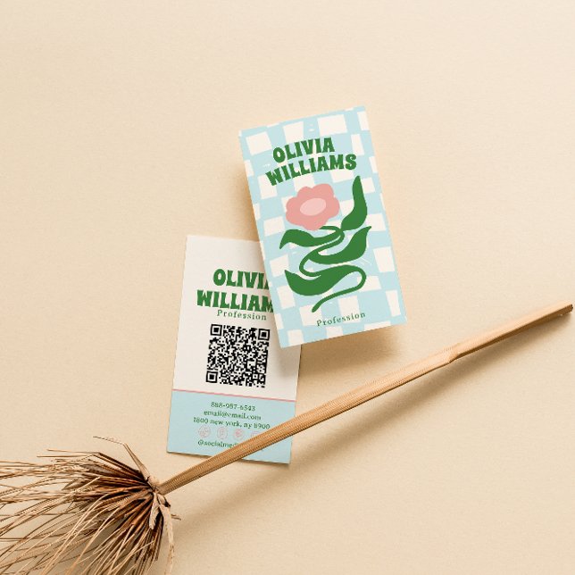 Retro Bold Boho QR-kod Groovy Rutig Blommig  Visitkort (Skapare uppladdad)