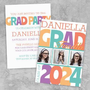 Retro Bold Oversized 3 Photo Grad Party Inbjudningar