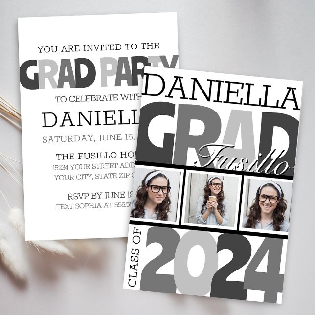 Retro Bold Oversized Black and White Grad Party Inbjudningar (Modern Bold Oversized Retro Photo Reel Graduation Announcement for Grad Party Invitation)