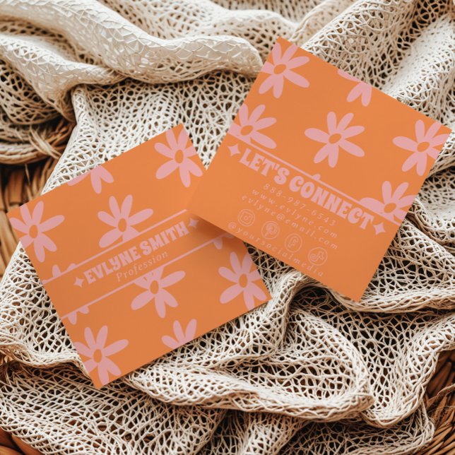 Retro Bold Pink Orange Groovy Floral Girly Funky Fyrkantigt Visitkort (Skapare uppladdad)