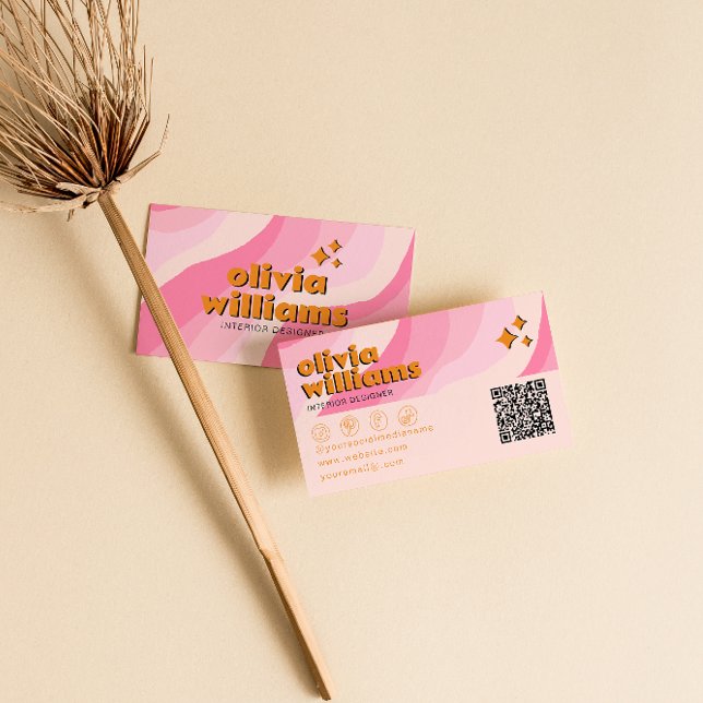 Retro Bold Pink Orange QR Code Groovy Girly Unique Visitkort (Skapare uppladdad)