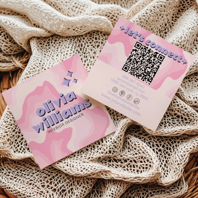Retro Bold Pink Purple QR Code Groovy Girly Trendy Fyrkantigt Visitkort (Skapare uppladdad)