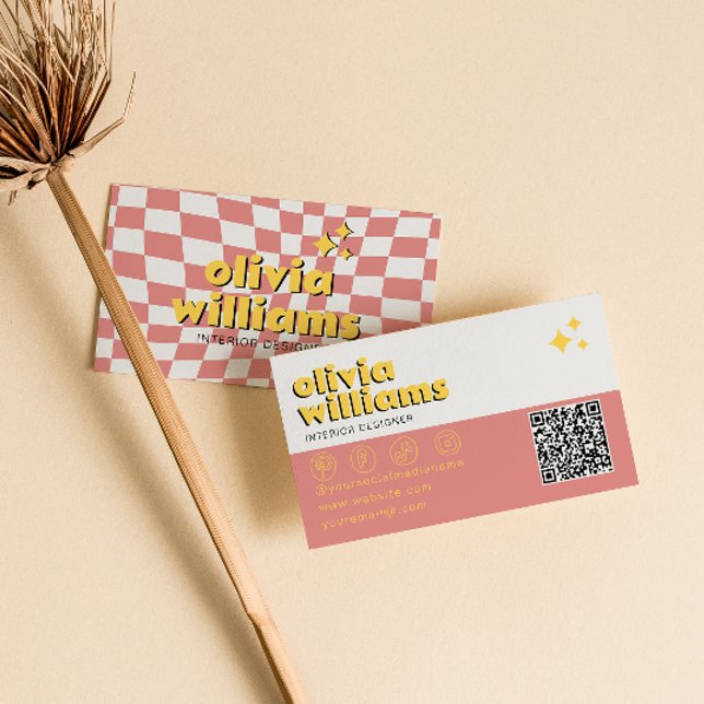 Retro Bold QR Code 70s Groovy Checkered Trendy Visitkort (Skapare uppladdad)