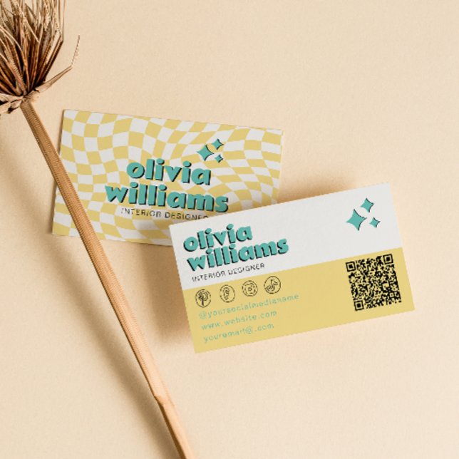 Retro Bold QR  Code Boho Groovy Checkered Unique Visitkort (Skapare uppladdad)