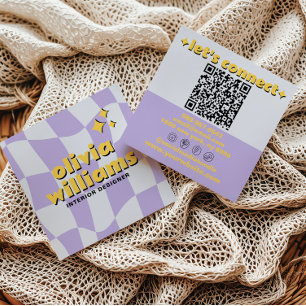 Retro Bold QR-kod Groovy Rutig Boho Funky Fyrkantigt Visitkort