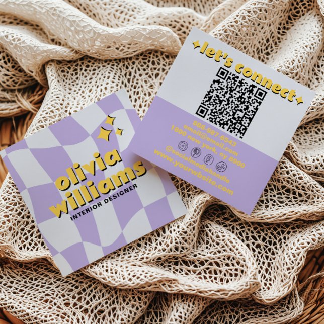 Retro Bold QR-kod Groovy Rutig Boho Funky Fyrkantigt Visitkort (Skapare uppladdad)