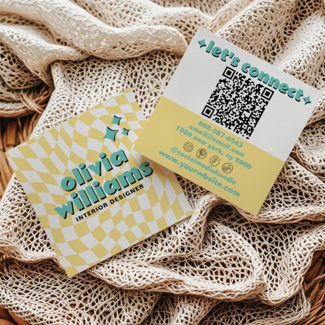 Retro Bold QR-kod Groovy Rutig Boho Trendig Fyrkantigt Visitkort (Skapare uppladdad)