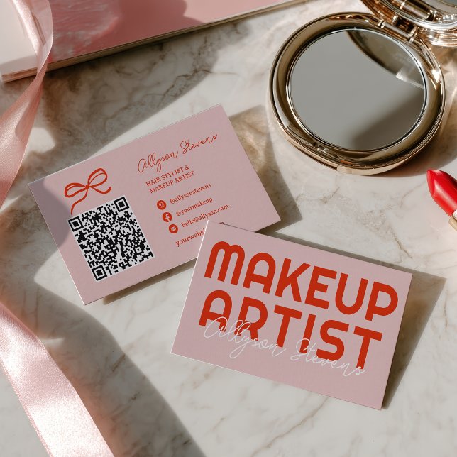 Retro Bold Rosa Röd Makeup Artist QR-kod Visitkort (Retro Bold Pink Red Makeup Artist QR Code Business Card)