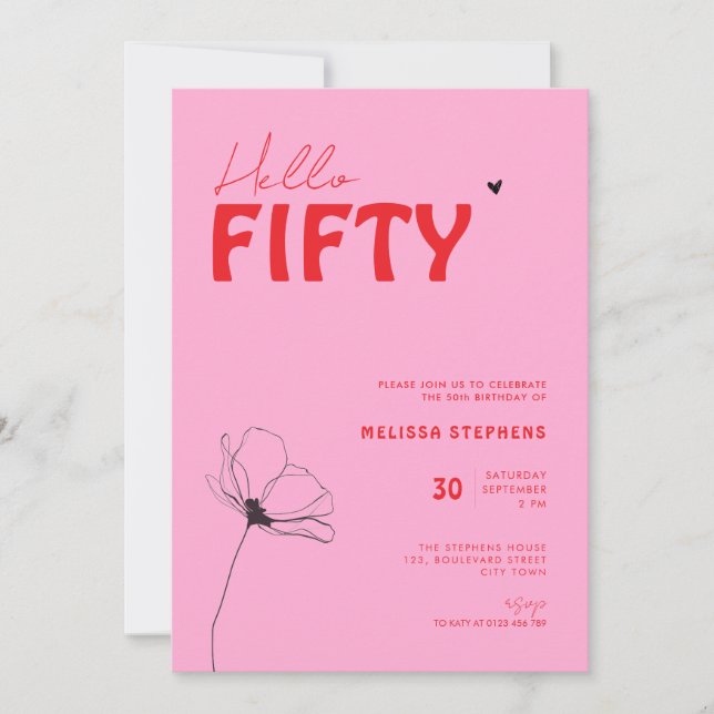 Retro Bold Typo Pink Red Simple 50th Birthday Inbjudningar (Framsida)