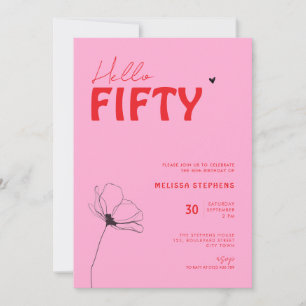 Retro Bold Typo Rosa Röd Enkel 50-årsdag Inbjudningar