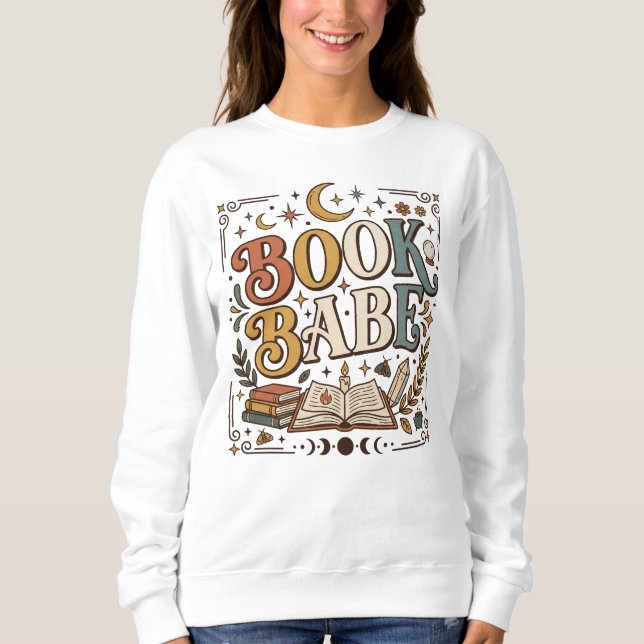 Retro Book Babe Mystical Celestial Witchy Bookish T Shirt (Framsida)