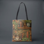 Retro book lover art tygkasse<br><div class="desc">A cozy retro-inspired design featuring a charming bookshelf filled with vintage books,  delicate botanical accents,   and a comforting cup of tea or coffee.</div>