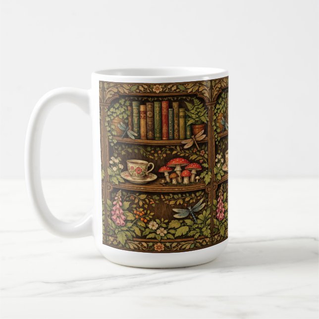 Retro book shelf mushrooms coffee floral  kaffemugg (Vänster)