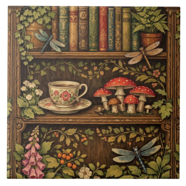 Retro book shelf mushrooms coffee floral  kakelplatta (Framsidan)