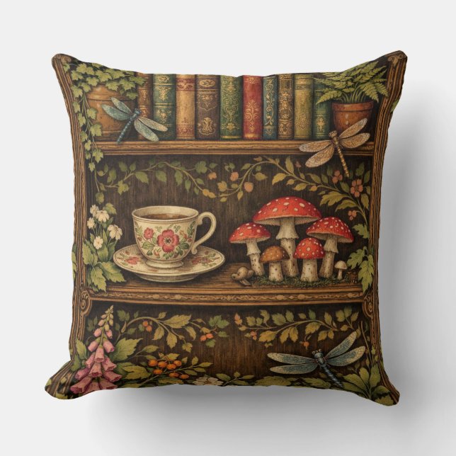 Retro book shelf mushrooms coffee floral  kudde (Framsida)