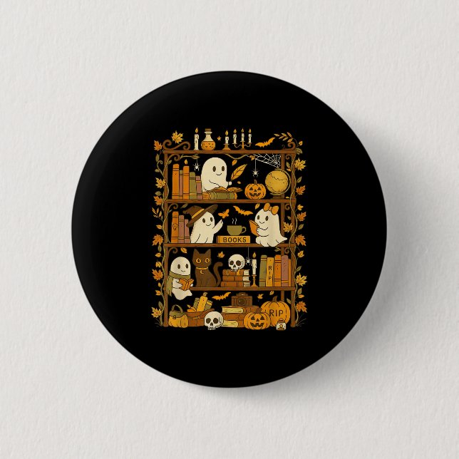 Retro Bookshelf Black Cat Halloween Ghost Reading Knapp (Framsida)