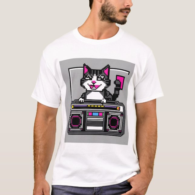 Retro Boombox Cat - Pixel DJ Vibes T Shirt (Framsida)