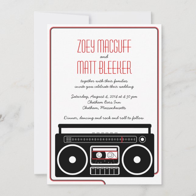 Retro Boombox Indie Mixtape Bröllop (BW/Red) Inbjudningar (Framsida)