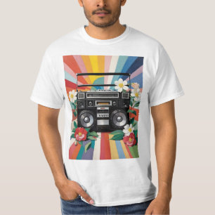 Retro Boombox Med Regnbågar Och Blommor T Shirt