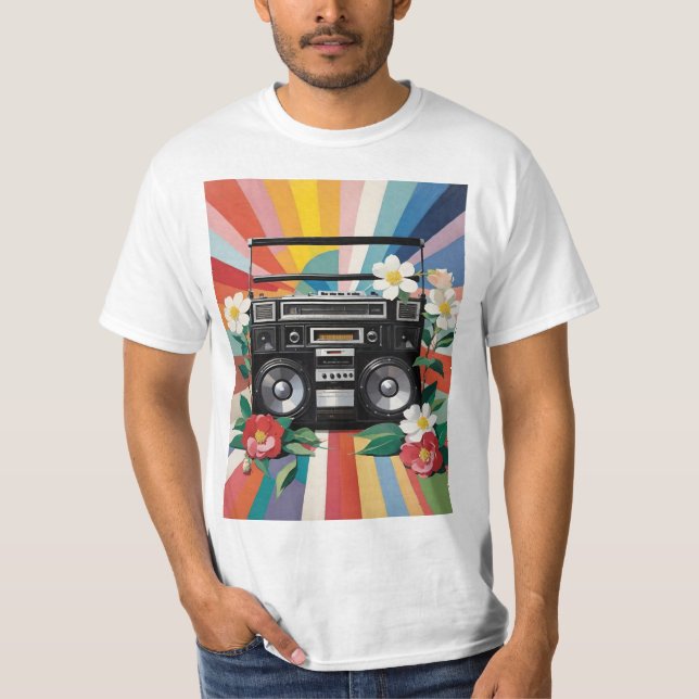 Retro Boombox Med Regnbågar Och Blommor T Shirt (Framsida)